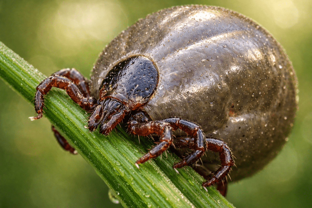 Detailed macro photo of deer tick on grass blade for tick prevention awareness
