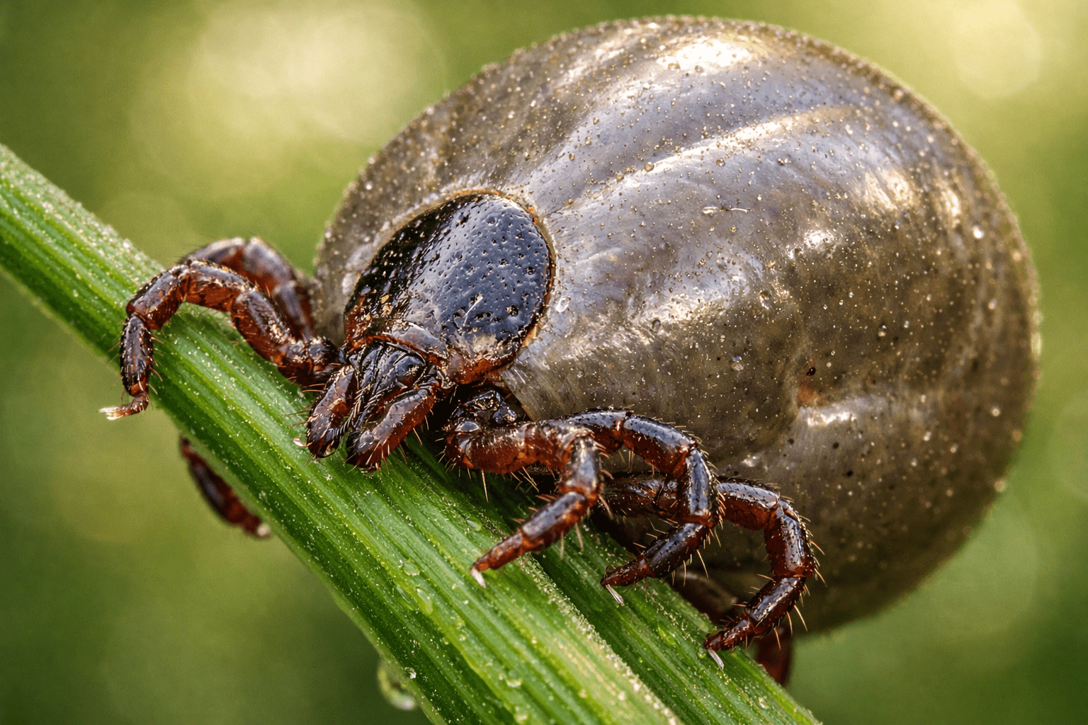 Detailed macro photo of deer tick on grass blade for tick prevention awareness