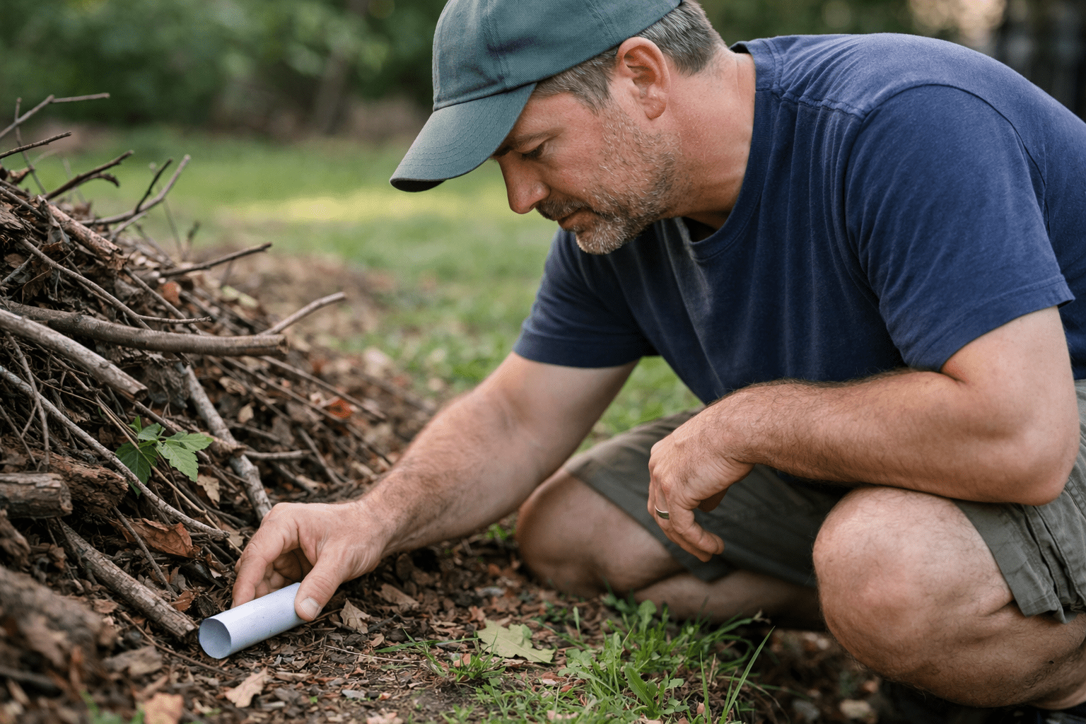 Person installing tick tubes in yard for natural tick control and Lyme disease prevention