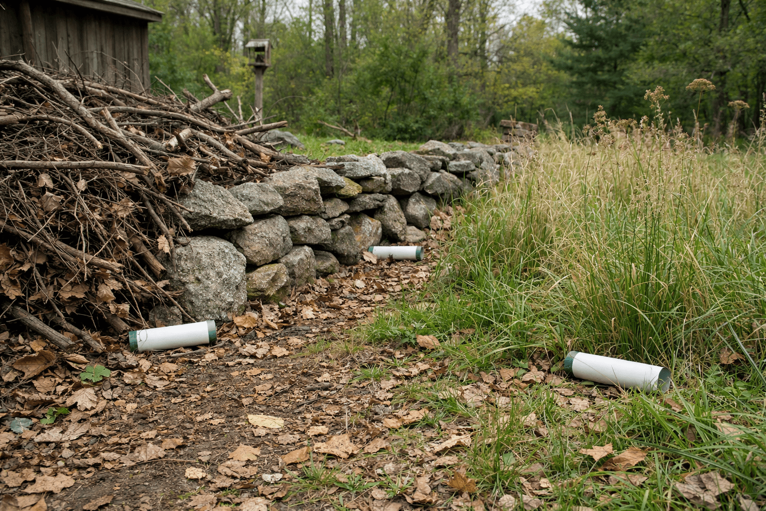 Yard habitat with brush pile and stone wall showing ideal tick tube placement locations