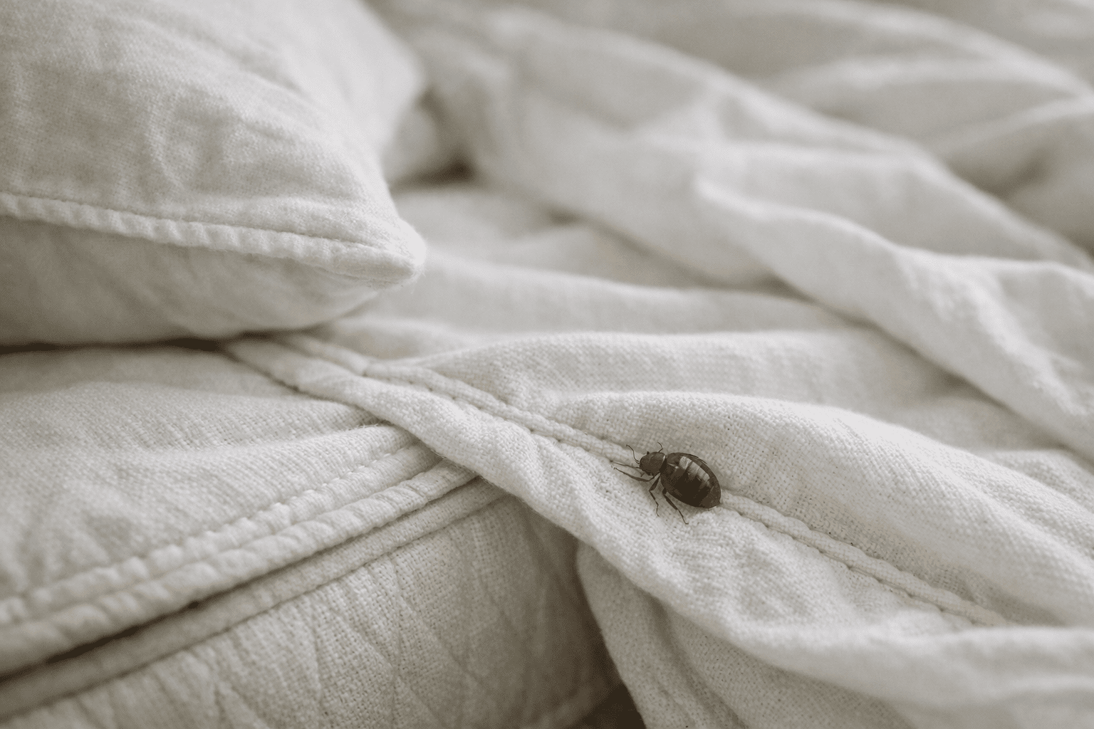 Bed bug on white bedsheet near mattress seam where they hide