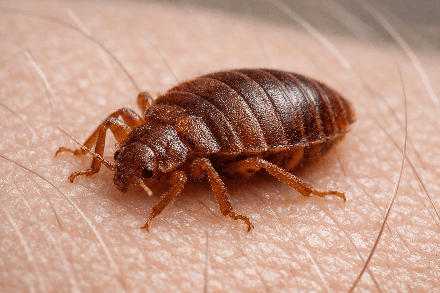 Bed bug crawling on skin showing flattened body and six legs in detail