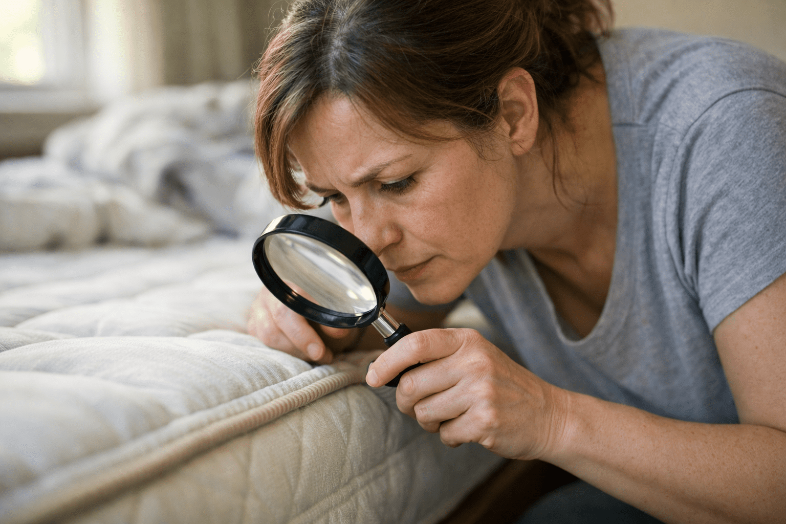 Person inspecting mattress seam for bed bugs using magnifying glass