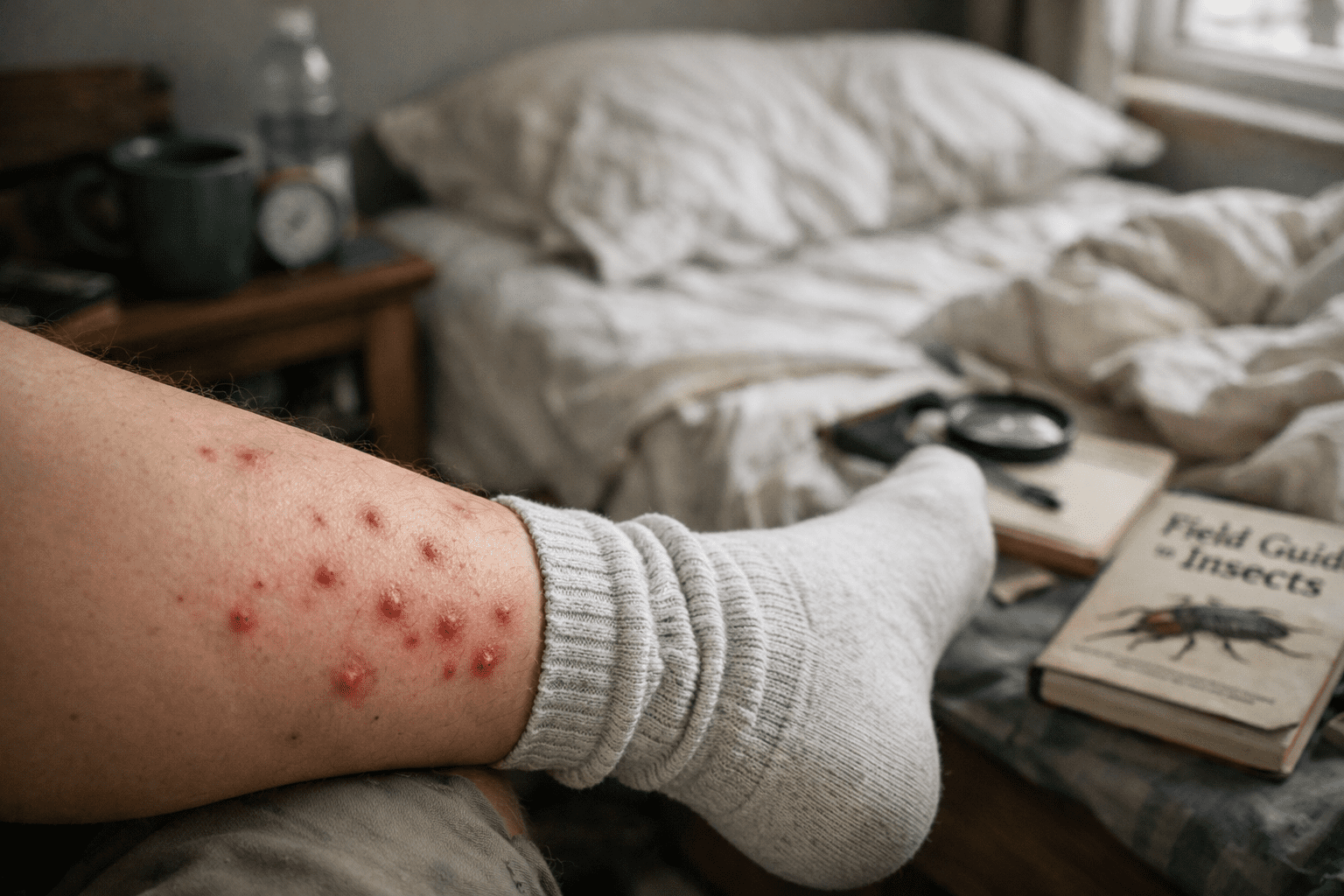 Bedroom scene showing flea bites on a person's leg and sock with natural home environment