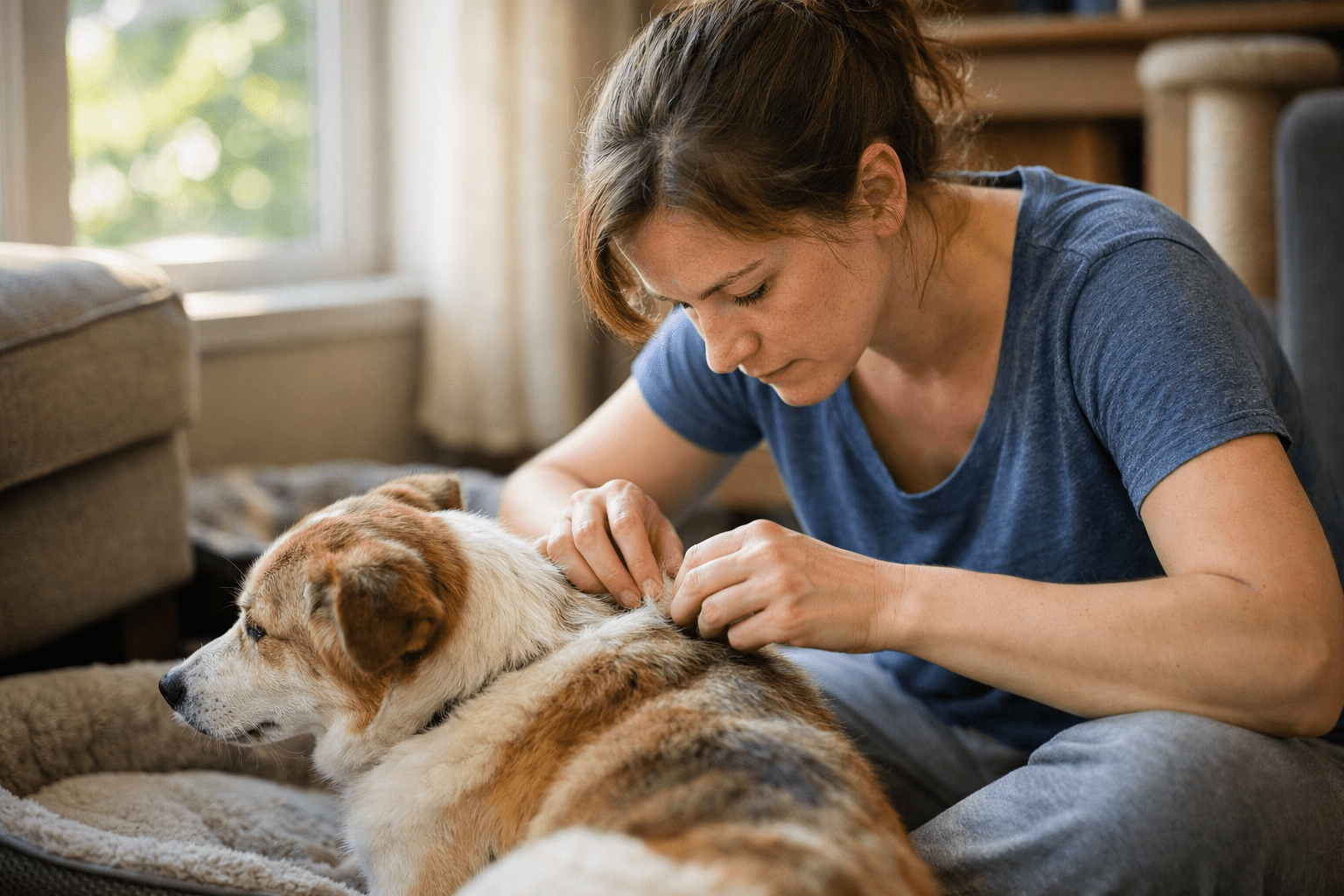 Person checking their dog for fleas indoors with natural light and realistic home setting