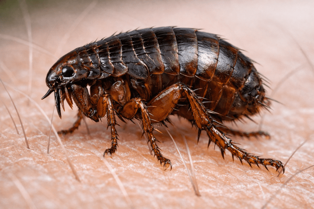 Detailed macro photograph of a flea on human skin showing its body structure and mouthparts