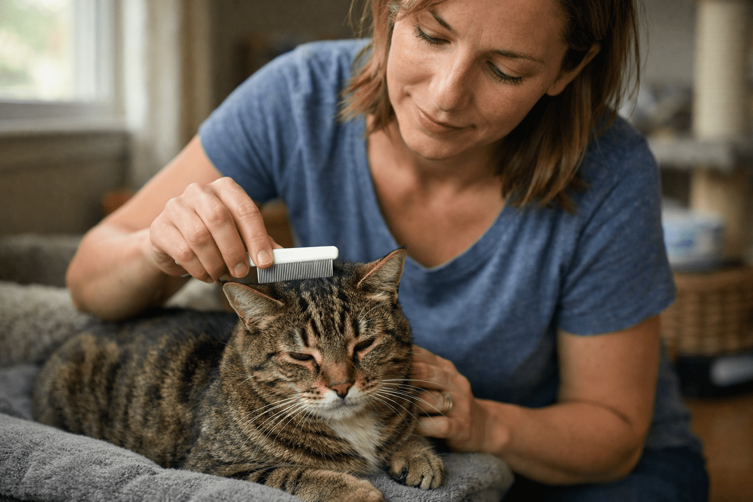 Woman combing cat with flea comb as practical flea control method at home