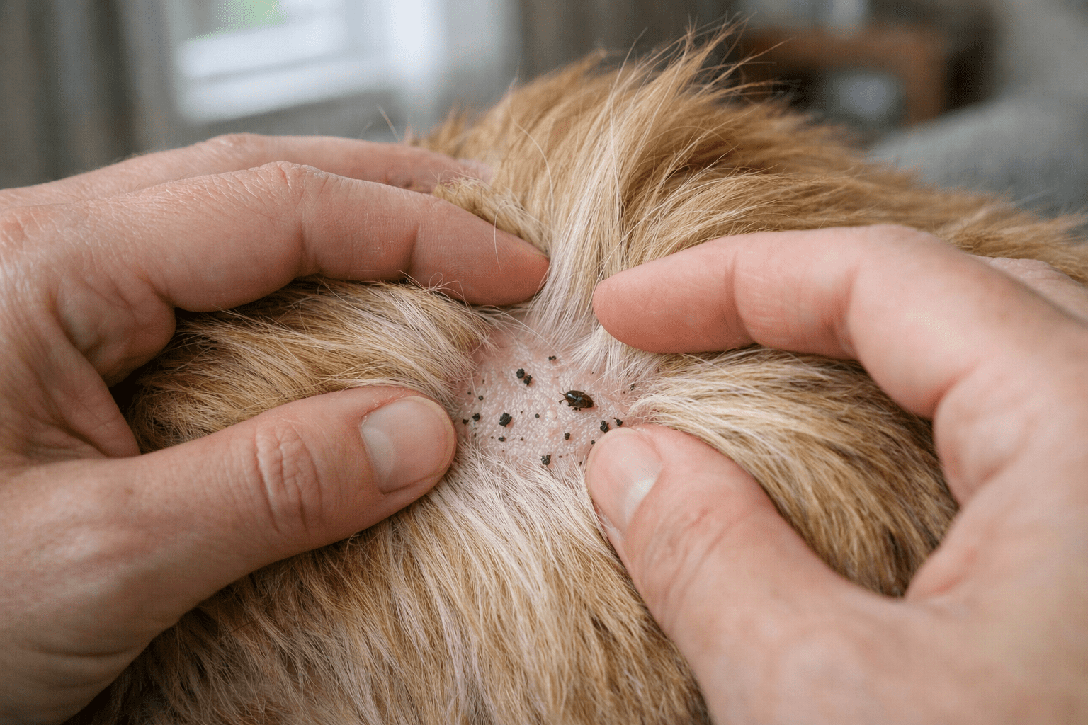 Person inspecting dog's fur for fleas and flea dirt during home pest check