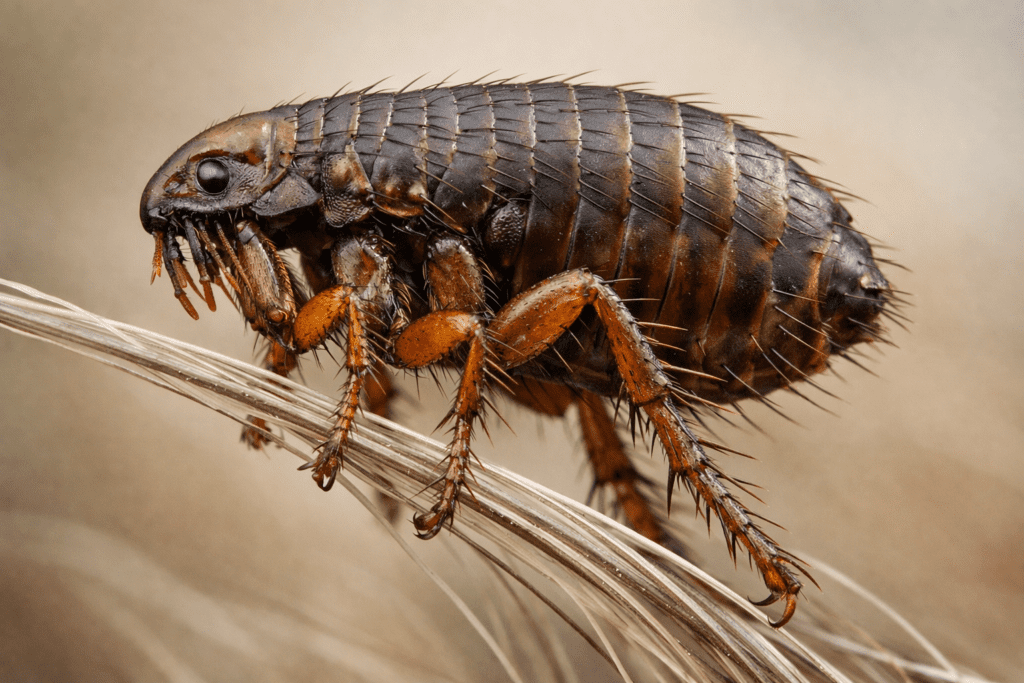 Detailed macro photograph of cat flea showing body structure and legs for flea identification