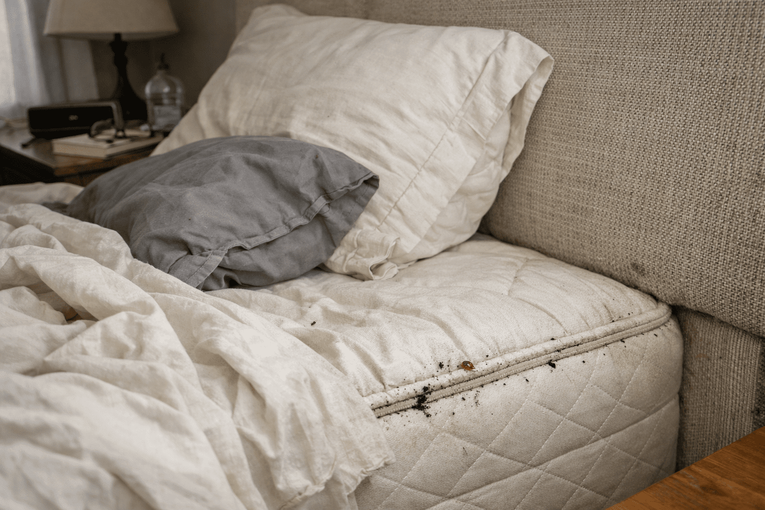 Bedroom corner with mattress and headboard showing typical bed bug infestation signs