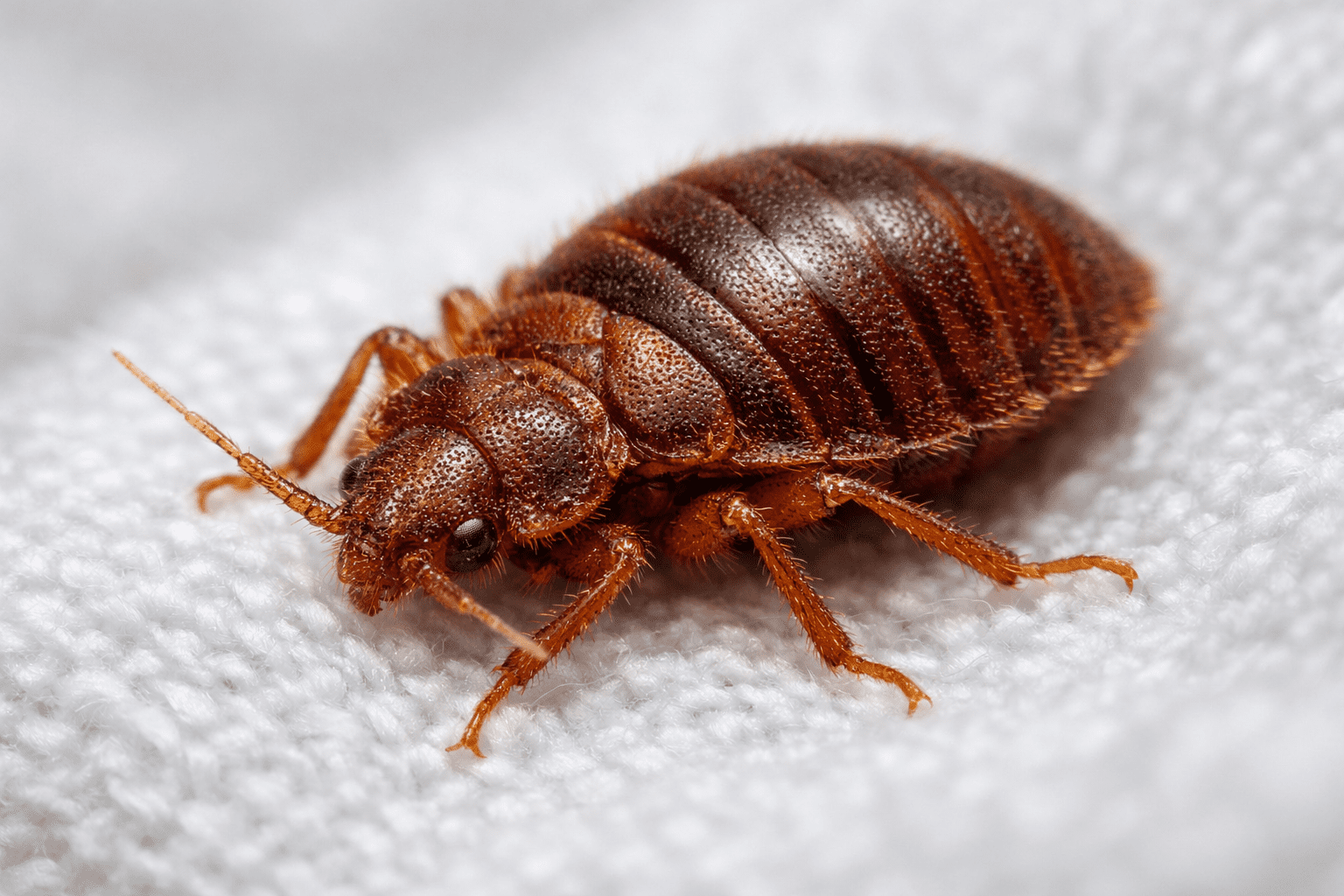 Bed bug close-up showing detailed anatomy on white fabric for bed bug treatment cost guide
