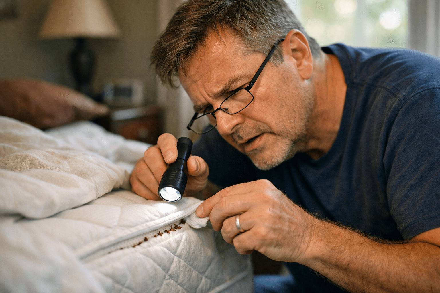 Person inspecting mattress for bed bugs with flashlight, comparing DIY vs professional treatment options