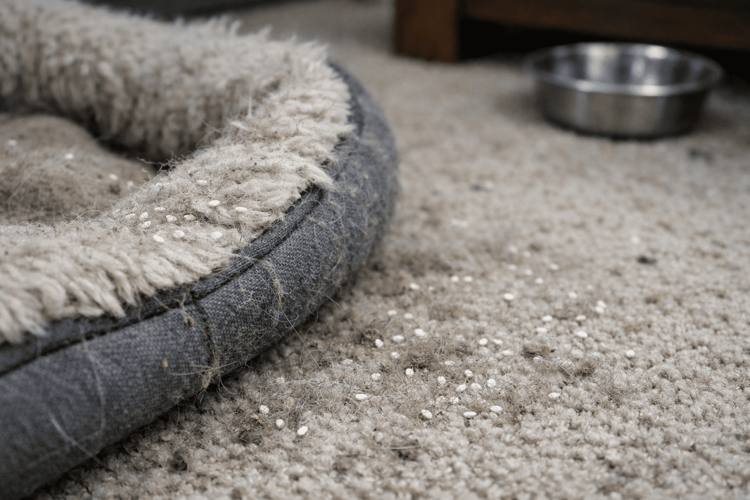 Flea eggs scattered on pet bedding and carpet fibers in home environment