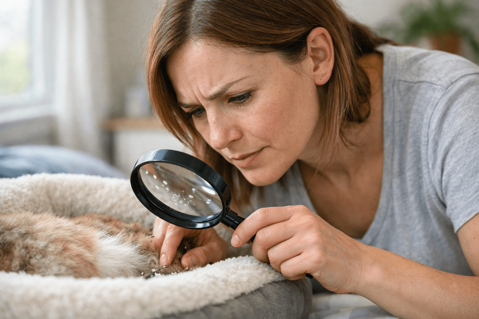 Pet owner inspecting dog bedding for flea eggs using magnifying glass