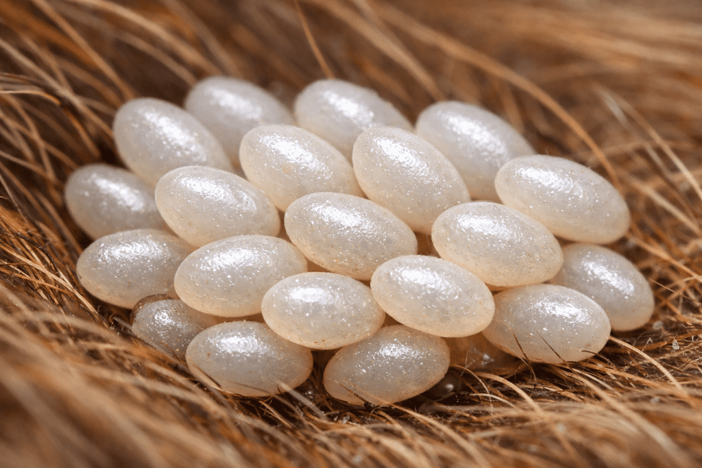 Flea eggs magnified on pet fur showing white oval eggs and fine hair details