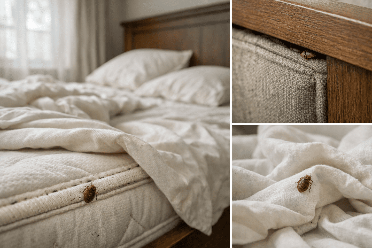 Bed bug hiding spots in bedroom mattress seams and headboard crevices with natural lighting