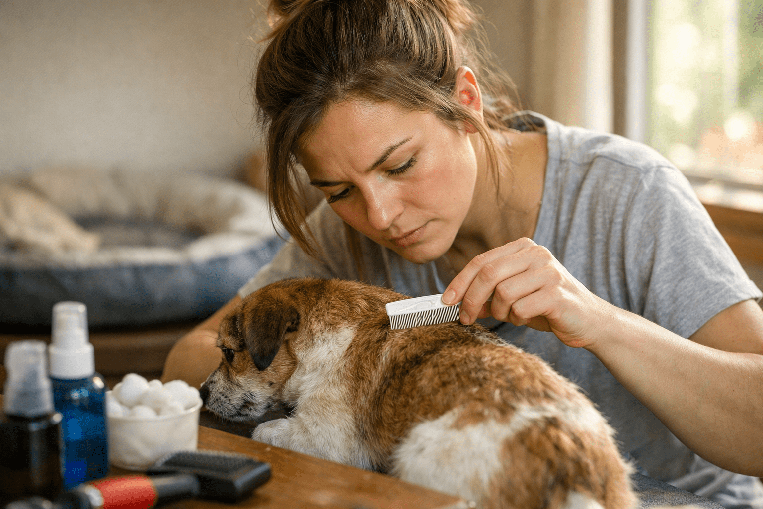 Woman inspecting dog for fleas using fine-tooth comb during home pet grooming session