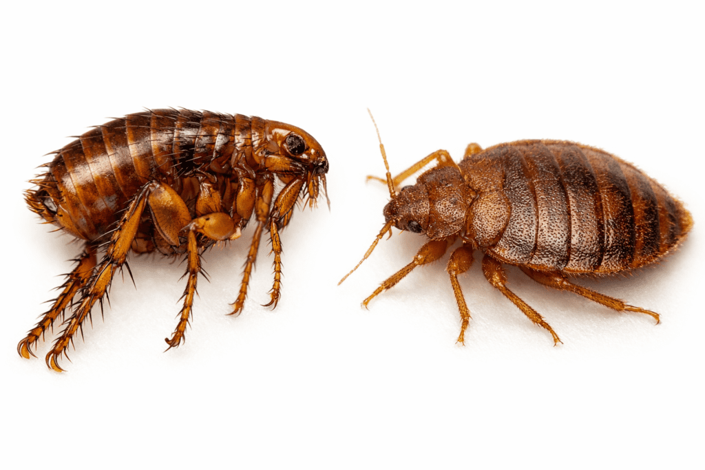 Flea vs bed bug macro comparison showing anatomical differences in body shape and leg structure