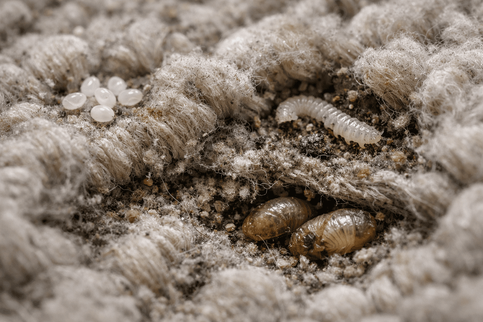 Flea lifecycle stages hidden in carpet fibers and household fabric textures