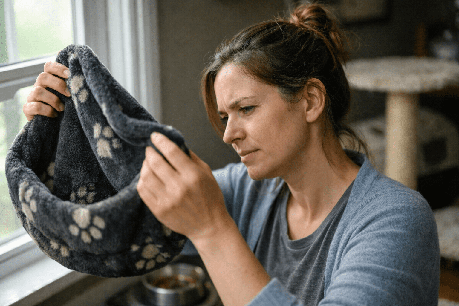 Woman examining pet bedding for fleas in realistic home environment with natural light