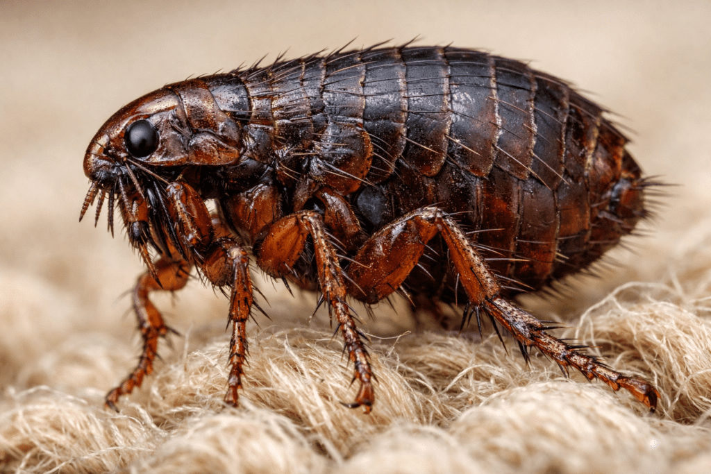 Detailed macro photograph of a flea showing body structure and legs on fabric surface