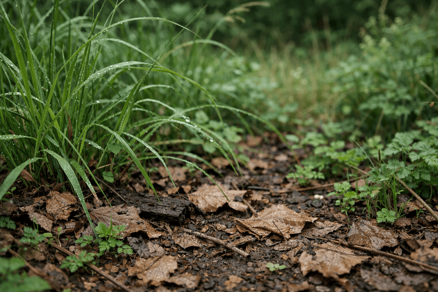 Overgrown grass and leaf litter habitat where ticks commonly hide and wait for hosts
