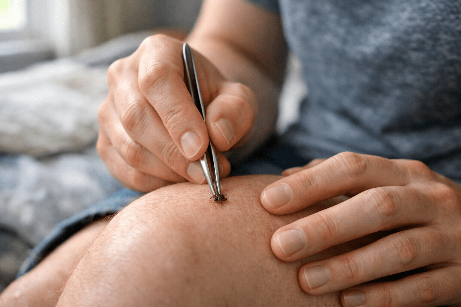 Person using fine-tipped tweezers to safely remove tick from skin with proper technique