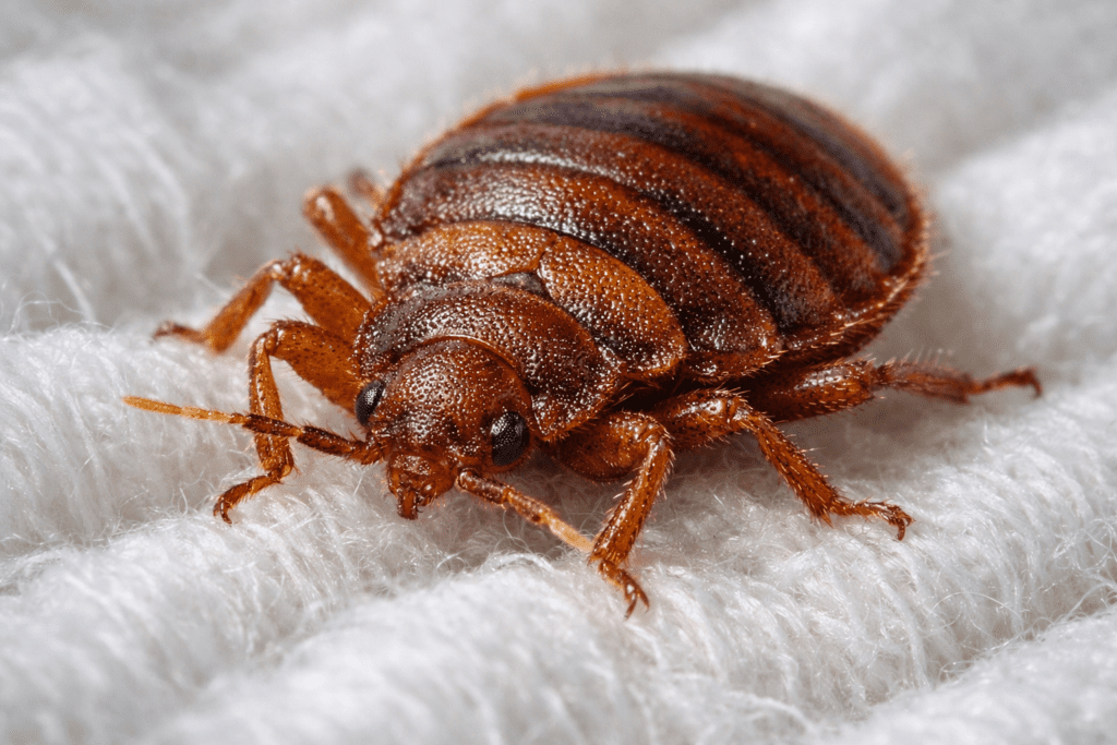 Macro photograph of bed bug on white cotton fabric showing detailed body structure and legs