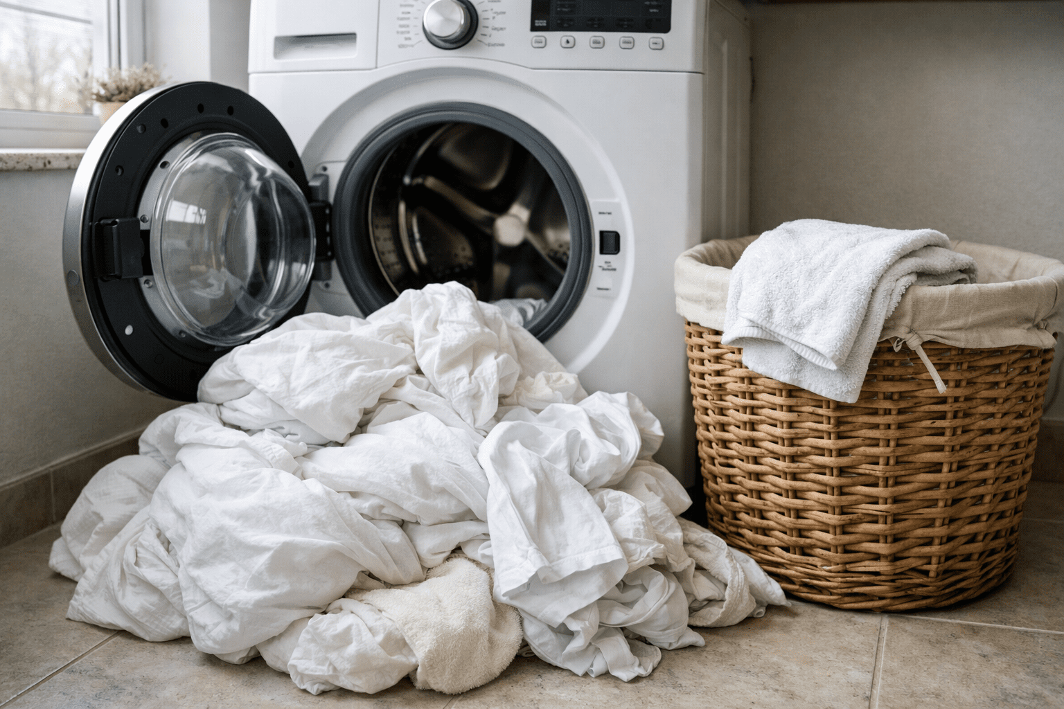 Washing machine with bedding and clothes in laundry room showing setup for killing bed bugs