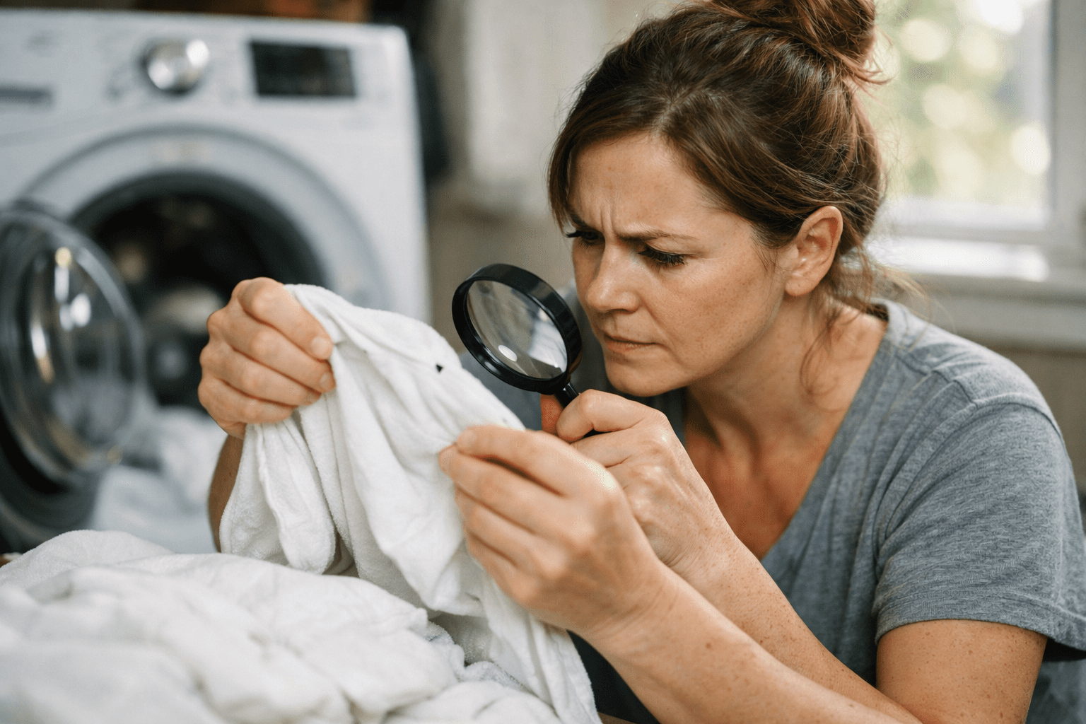 Person inspecting bedding and clothes near washing machine for bed bug laundry treatment