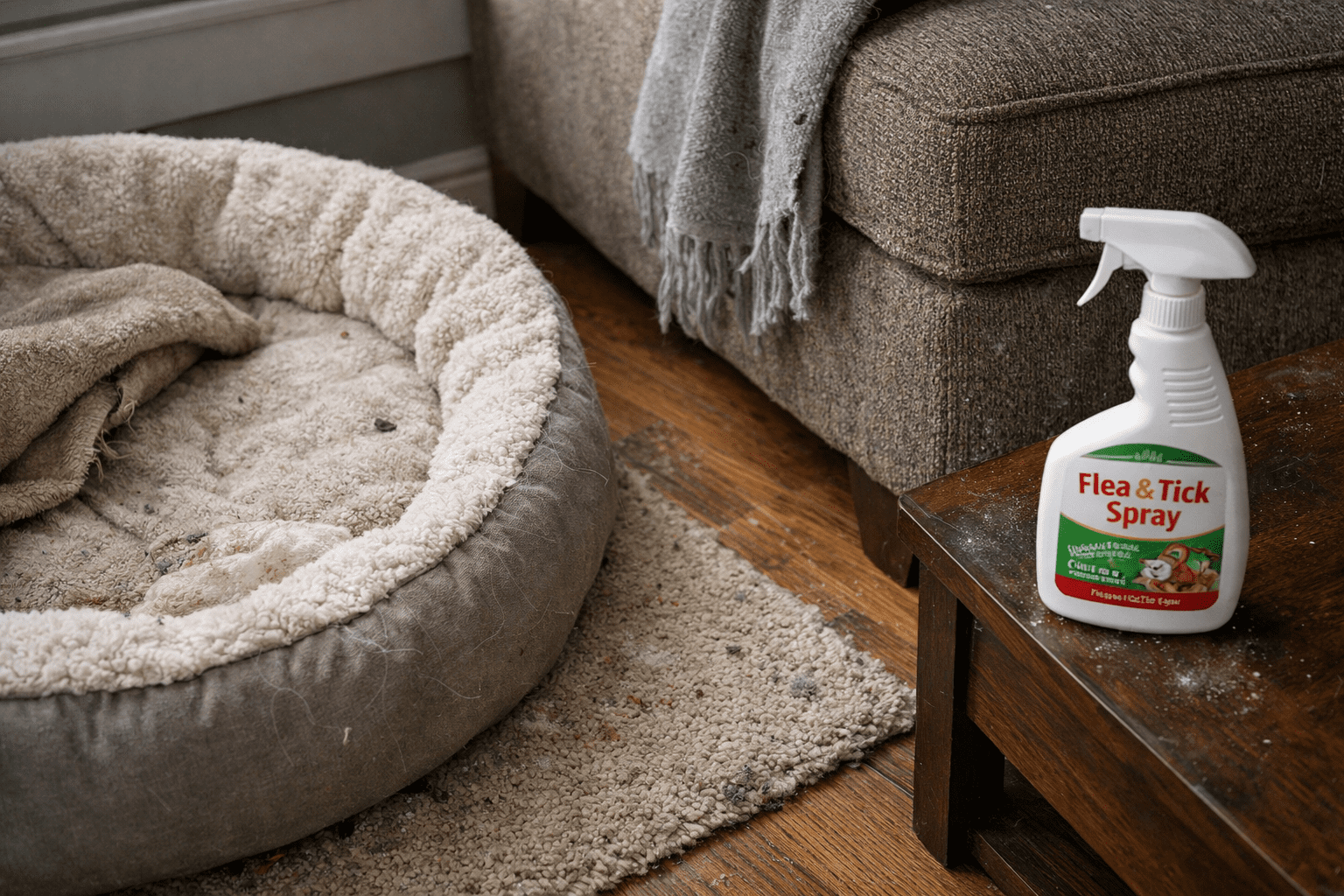 Home interior showing pet bedding and carpet areas where flea reinfestation prevention must focus