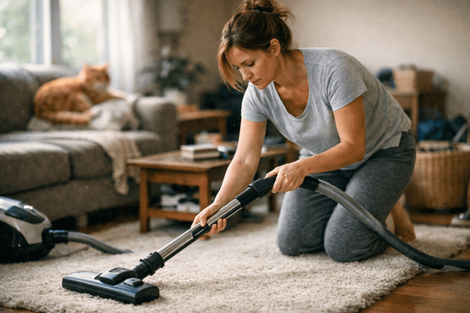 Woman vacuuming home carpet as part of flea reinfestation prevention and treatment routine