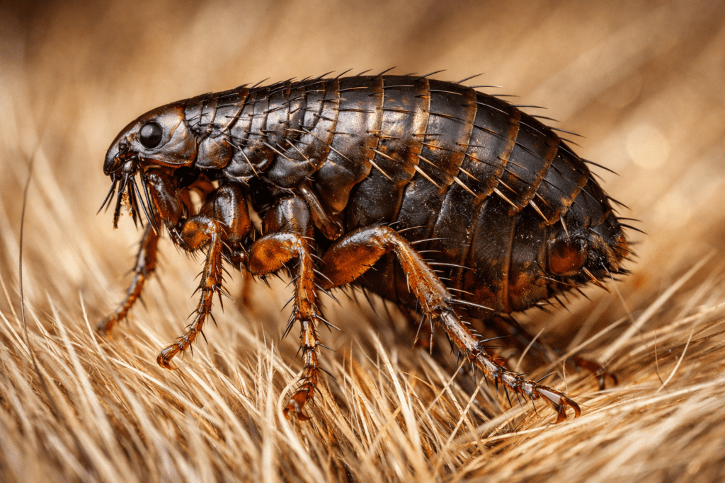 Detailed macro photograph of a flea on pet fur showing flea reinfestation prevention importance