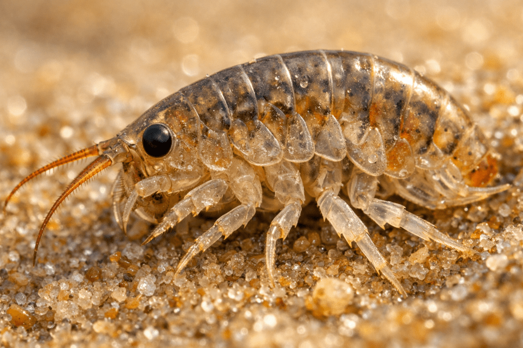 Macro photograph of sand flea showing detailed segmented body and antennae on wet beach sand