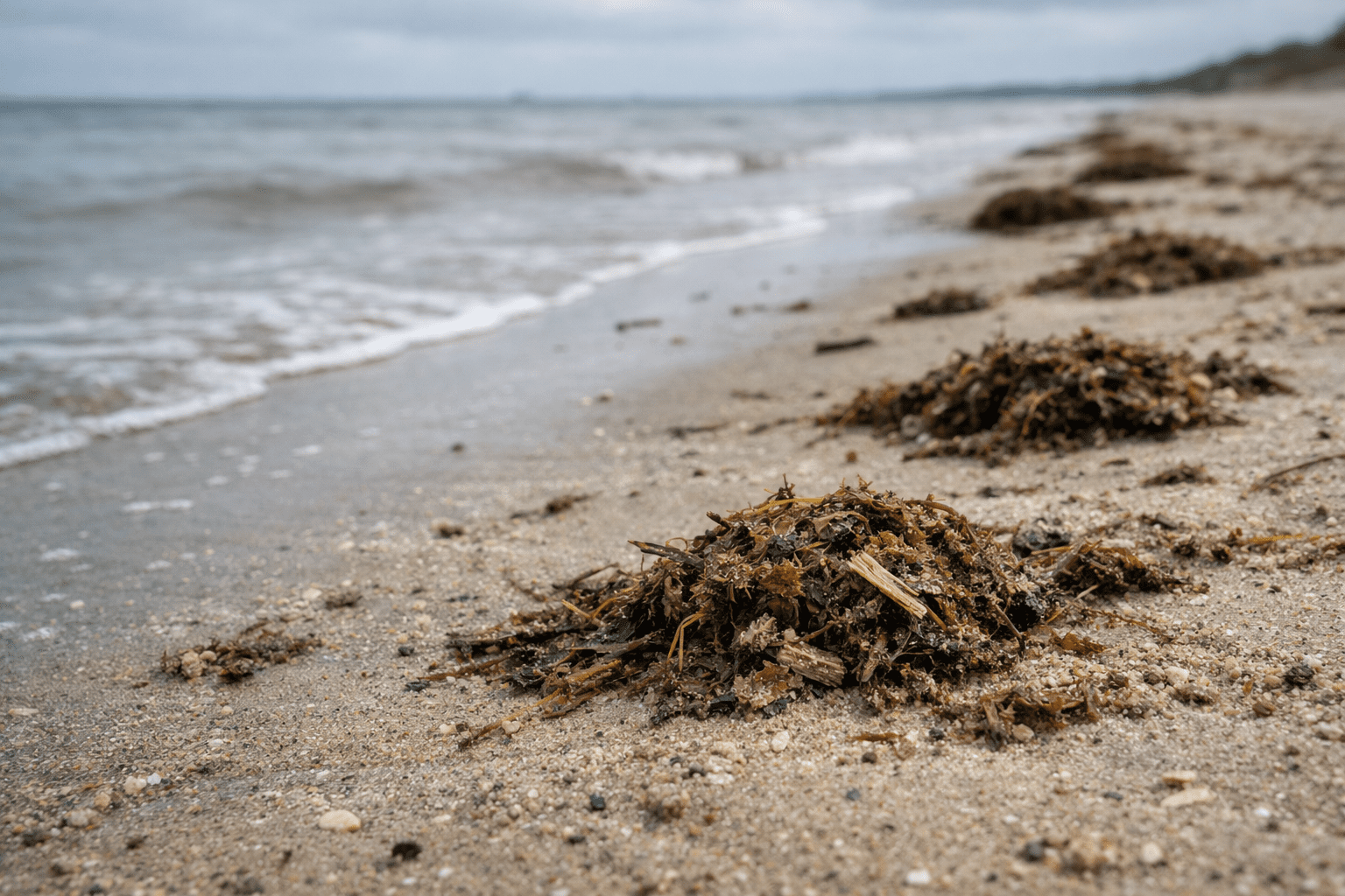 Beach sand and seaweed habitat where sand fleas live near the waterline
