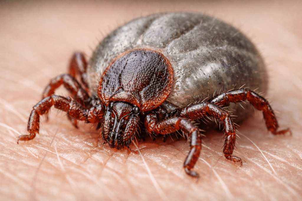 Close-up macro photo of a deer tick showing body segments and legs for tick identification purposes