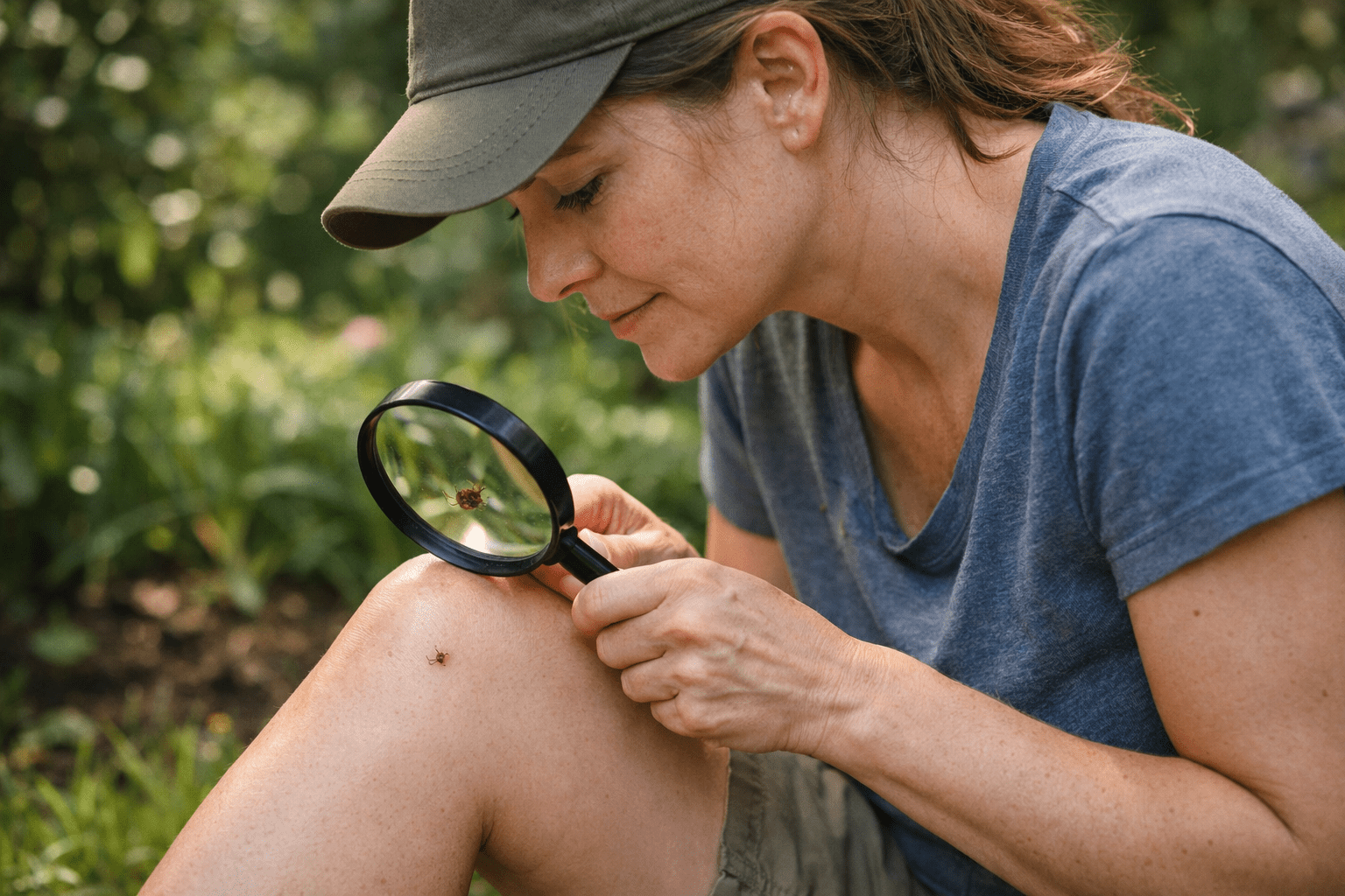 Woman using magnifying glass to inspect skin for ticks after outdoor activity, demonstrating tick identification