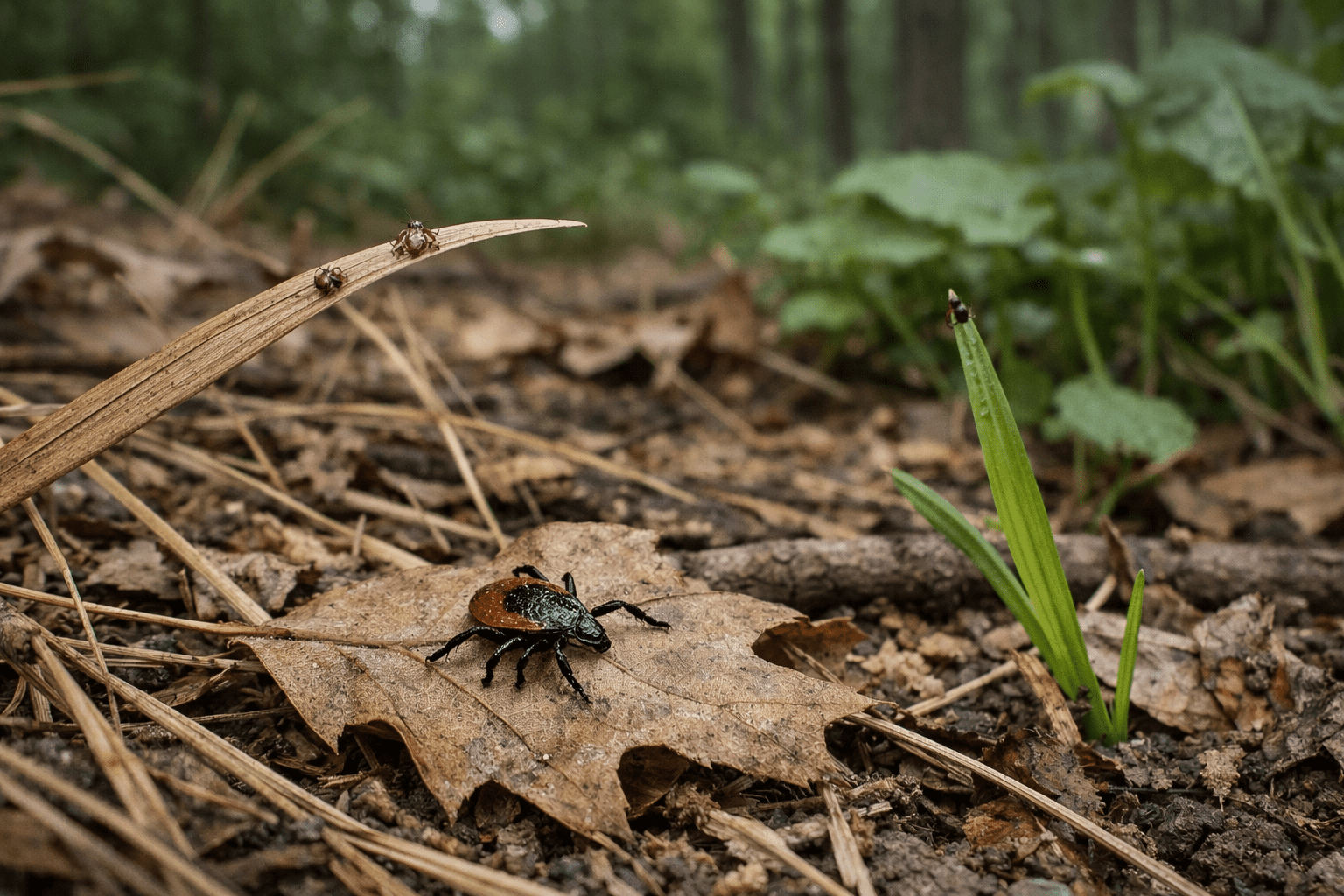 Ticks on grass and leaf litter in forest habitat showing where ticks are commonly found outdoors