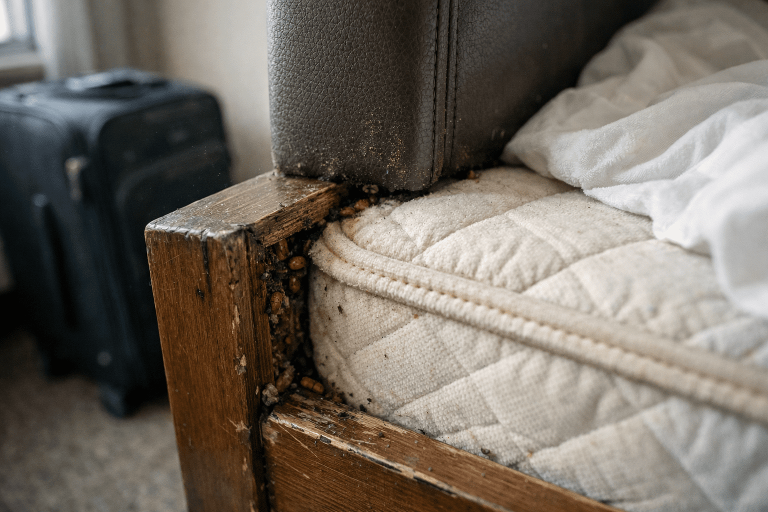 Hotel room bed corner showing mattress seams and cracks where bed bugs hide