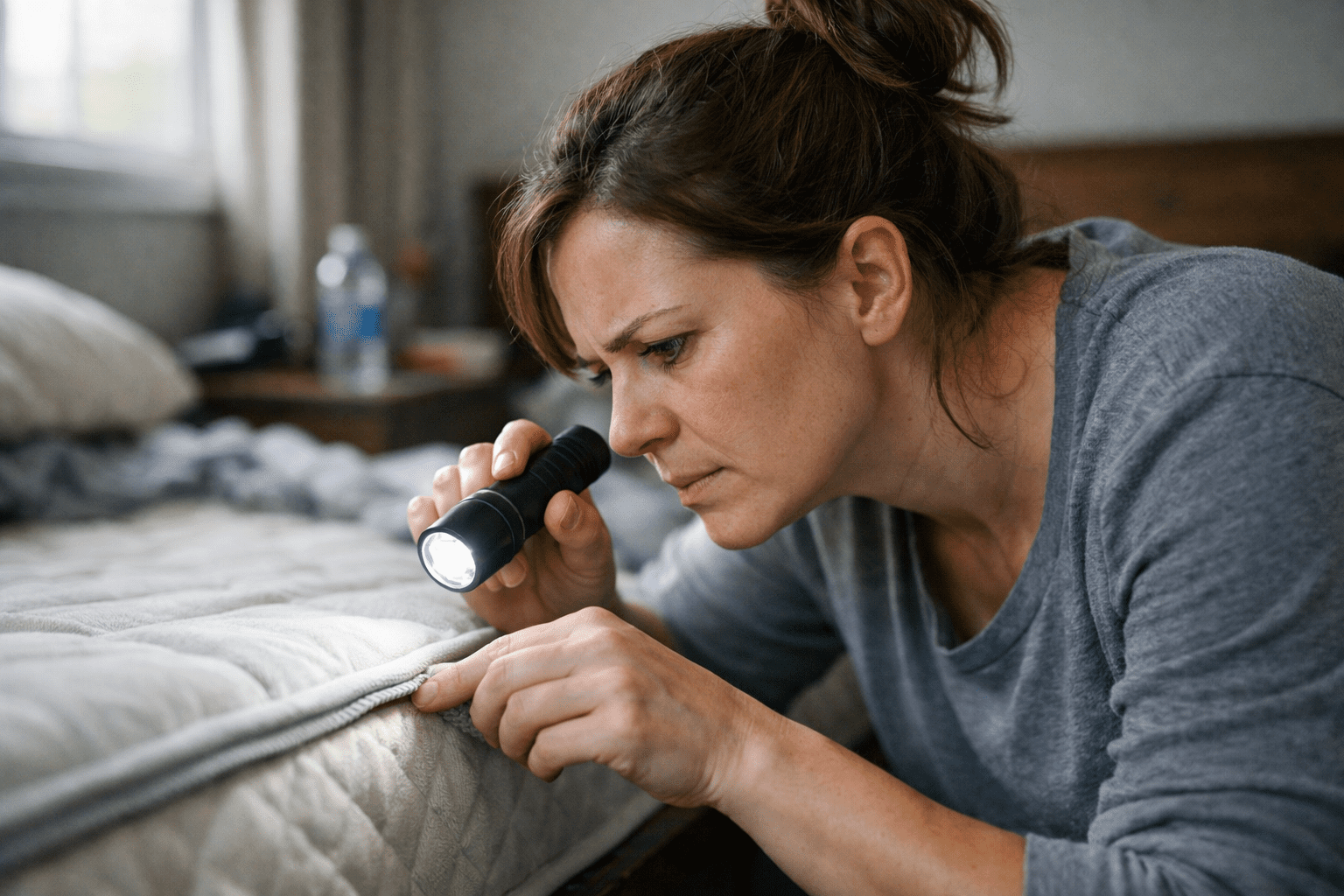 Woman inspecting mattress seams with flashlight to check for bed bug infestation signs