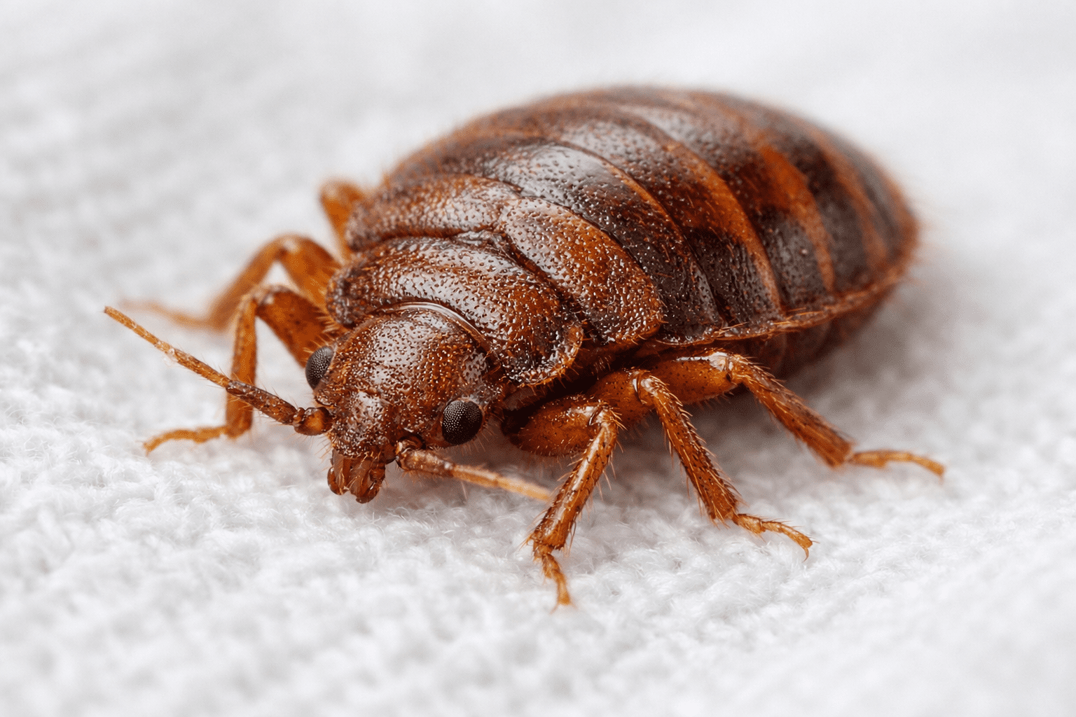 Detailed macro photograph of a bed bug on fabric showing body structure and coloring