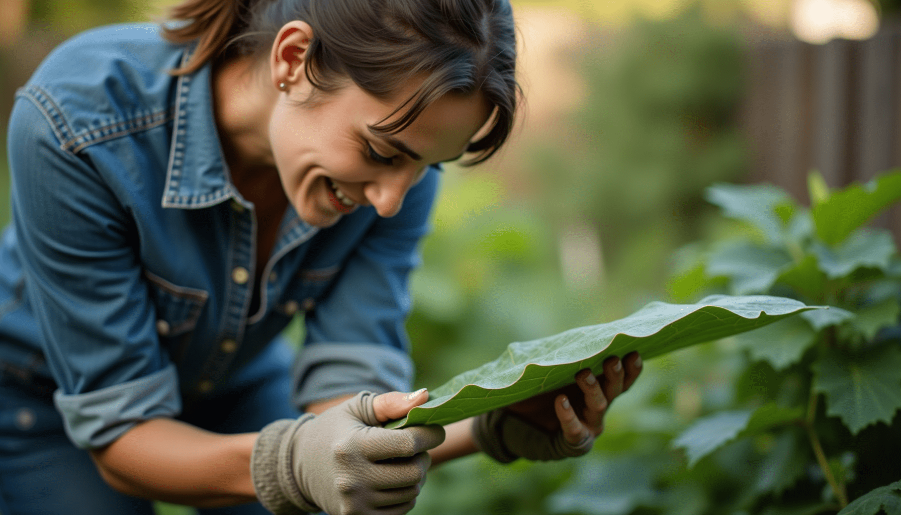 A person with dirty hands inspecting a garden plant, observing helpful garden insects for natural pest control.