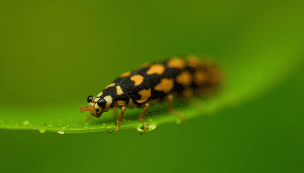 Macro shot of a ladybug larva preying on aphids on a green leaf, showcasing beneficial insects in action in a garden.