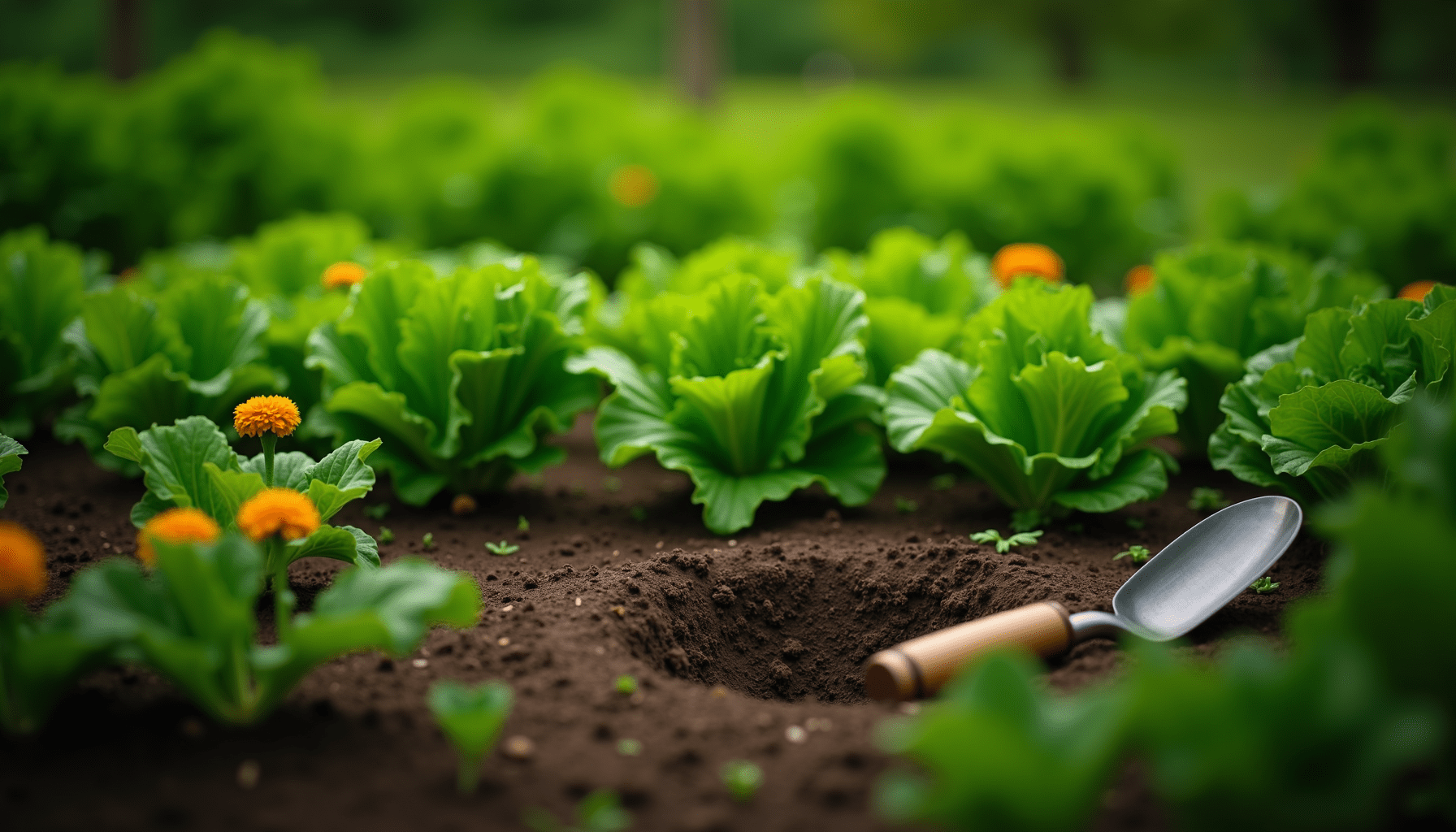 Medium-wide shot of a thriving organic vegetable garden with a trowel, showing a natural habitat for beneficial insects.