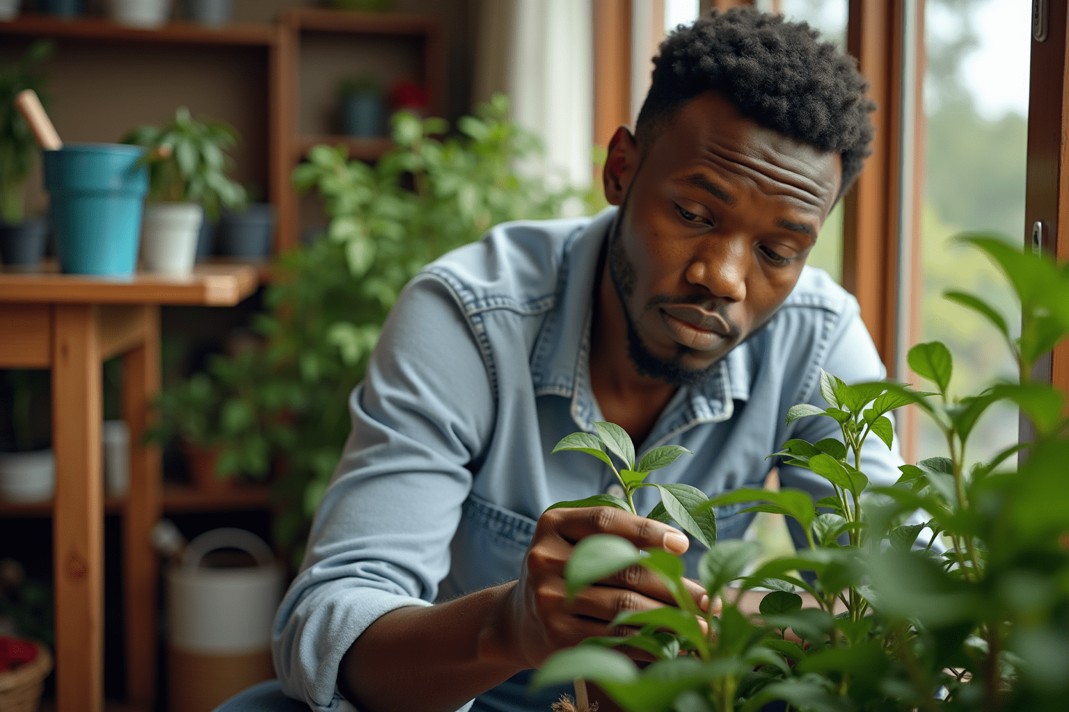 Person inspecting plants in a garden for signs of Africanized honey bees, showcasing practical safety measures.