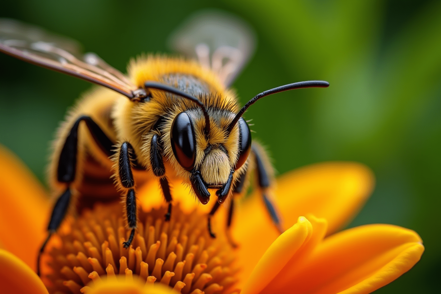 Close-up of an Africanized honey bee on a flower, showcasing its intricate details and vibrant colors.