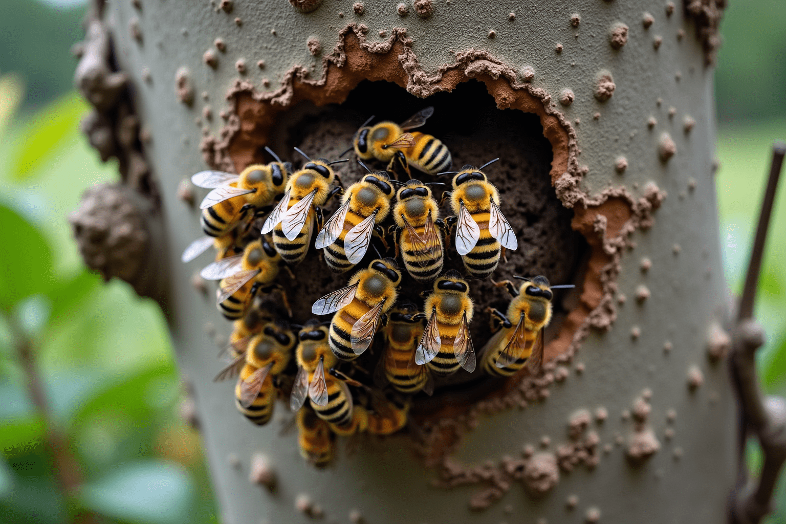 Cluster of Africanized honey bees around their nest in a tree, showcasing their natural habitat.