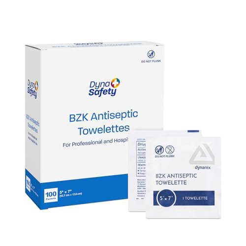 Dynarex DynaSafety BZK Antiseptic Towelettes - Sterile, Alcohol and Fragrance Free, Gentle Cleansing, Safe on Minor Wounds - 5" x 7" - 100 per Box