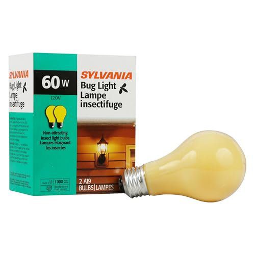 Sylvania Yellow Bug Light Bulb 60 Watt 2 Pack - A19 Outdoor Light Bulb for Porch, Patio & Outside Use, Incandescent E26 Medium Base, Dimmable 60W 120V Yellow