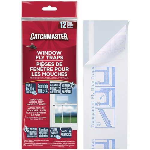 Catchmaster Window Fly Traps 12-Pack, Fruit Fly Traps for Indoors, Disposable Bulk Bug Catcher, Waterproof Insect Glue Trap, Adhesive Strips, Pest Control for Home, Kitchen, & Garage